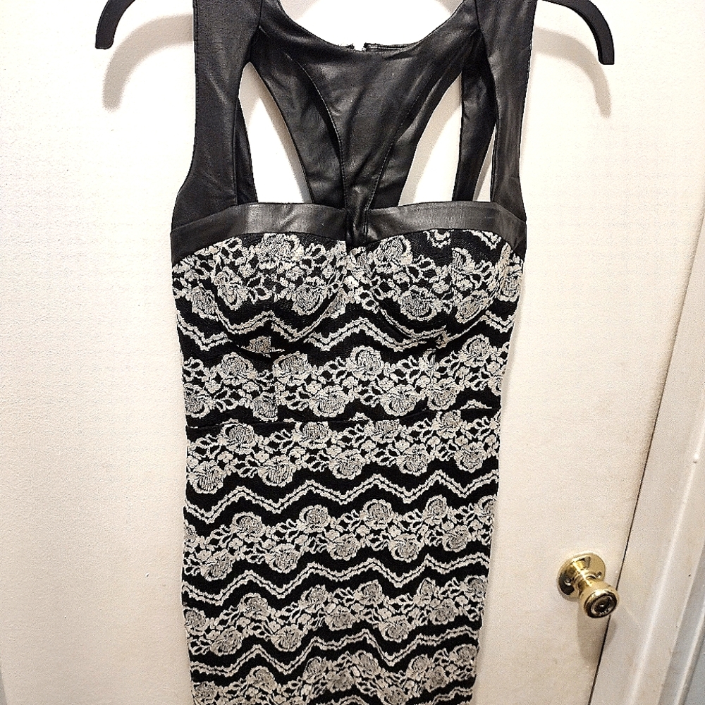 Material Girl, M sized, faux leather shoulder straps, zippered back dress.